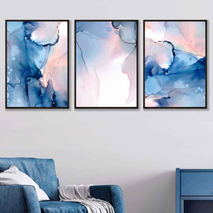 Abstrakt veggkunstsett i blått og rosa, 3 plakater
