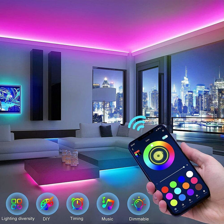 Skanto | LED Lyslist, 30 m, 15 m, Musikk Synkronisering, Bluetooth, 5050, RGB Ambient Lys med Fjernkontroll