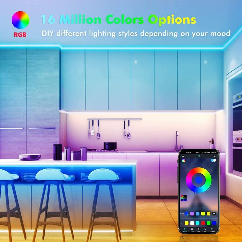 Skanto | LED Lyslist, 30 m, 15 m, Musikk Synkronisering, Bluetooth, 5050, RGB Ambient Lys med Fjernkontroll