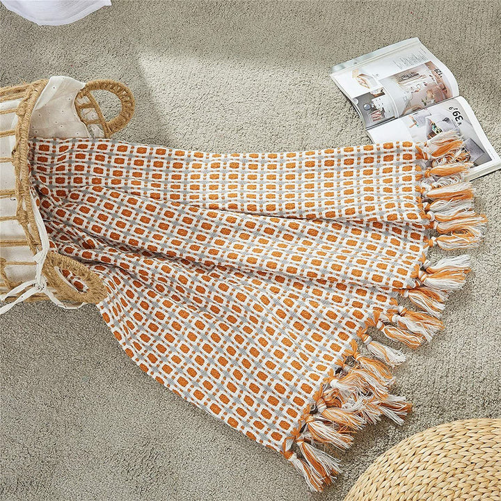 Boho Strikket Teppe Kast Frynse Rutete Reise Teppe Store Tepper For Sofa Seng Skanto
