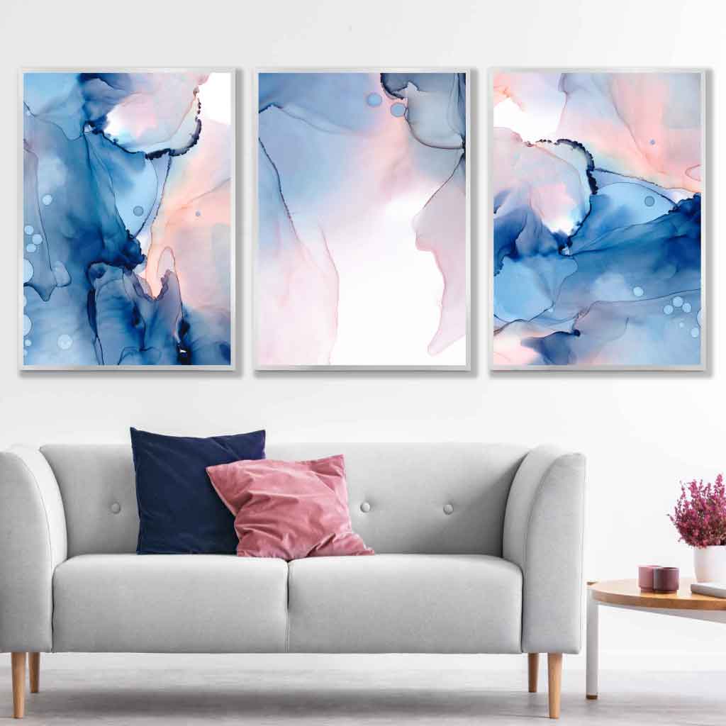 Abstrakt veggkunstsett i blått og rosa, 3 plakater