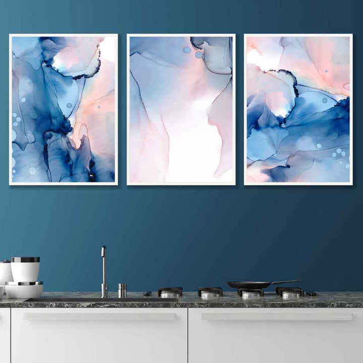 Abstrakt veggkunstsett i blått og rosa, 3 plakater