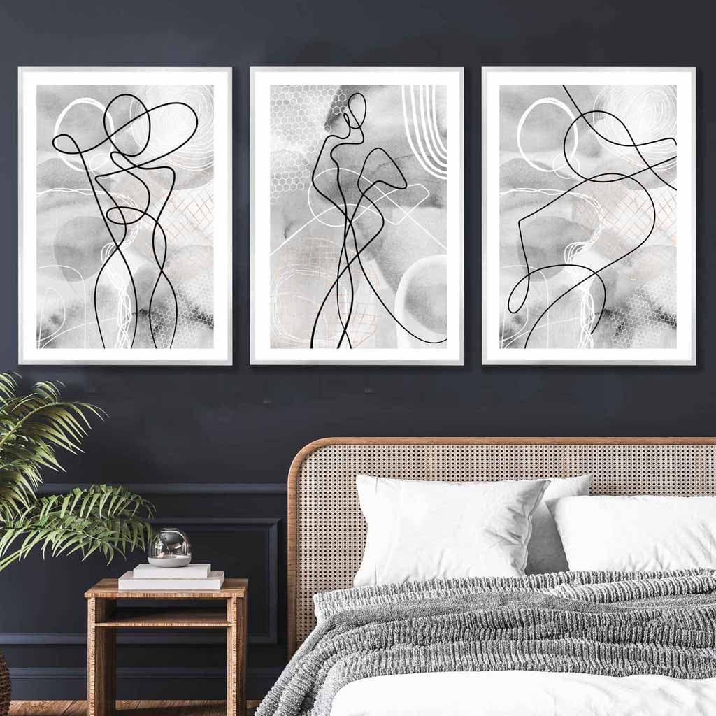 Abstrakt sett med 3 motekunstveggmalerier i svart og grått