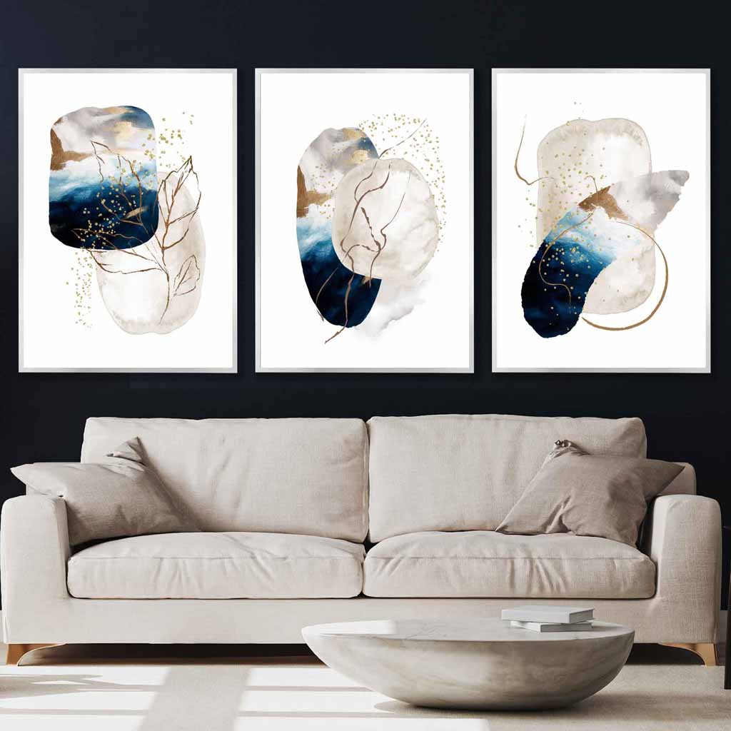 Abstrakt, teksturert veggkunstsett i marineblått, elfenben og gull (3 deler)