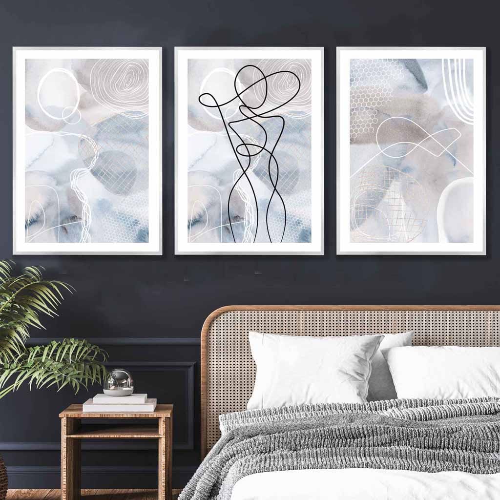 Abstrakt sett med 3 kunsttrykk med motelinjer i blått og beige