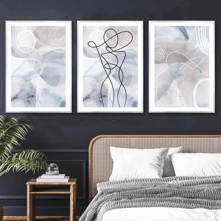 Abstrakt sett med 3 kunsttrykk med motelinjer i blått og beige
