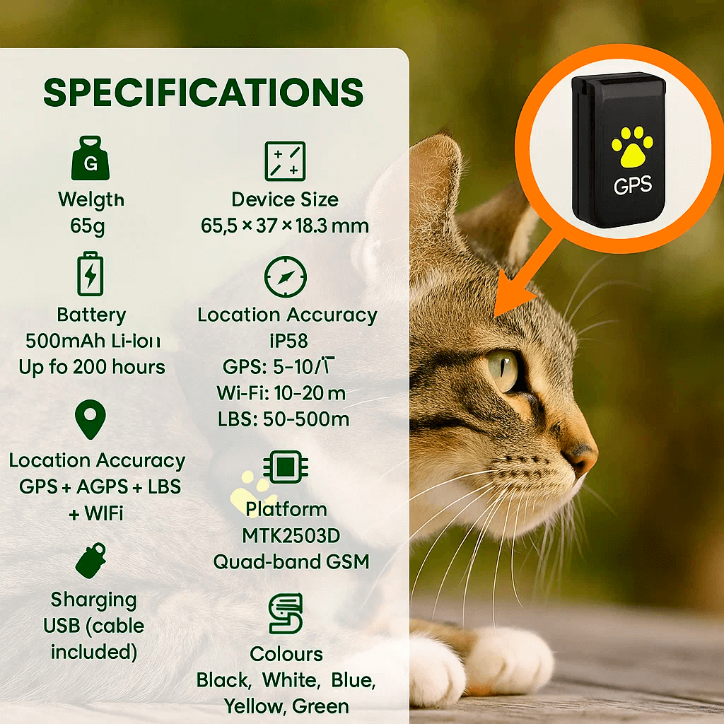 Skanto | #1 Finn GPS Katt Tracker med Sanntidsplassering, Vanntett Design, og Aktivitetsovervåking for Kæledyrssikkerhet og Sporing