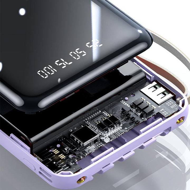 Skanto | Rask lading 20000mAh mini powerbank med integrerte kabler