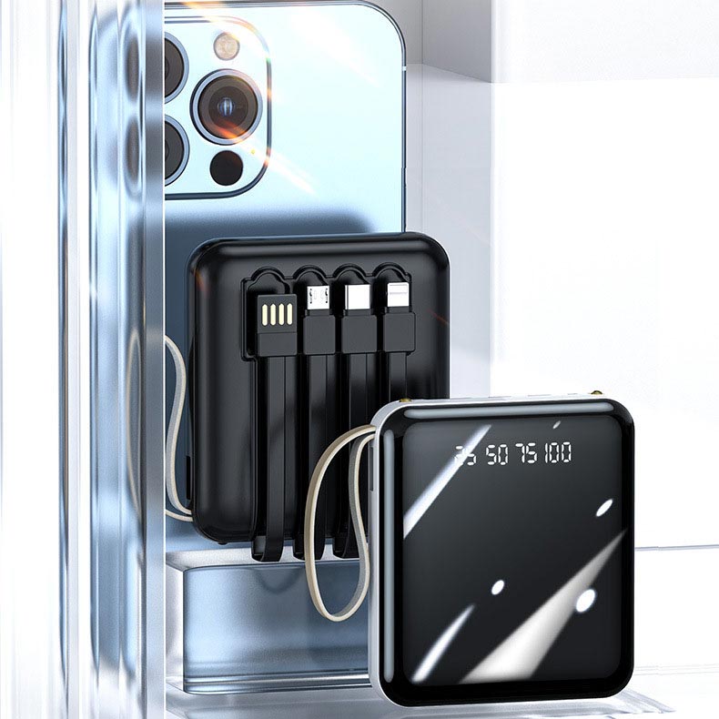 Oppladbar 20000mAh mini powerbank med intern kabel
