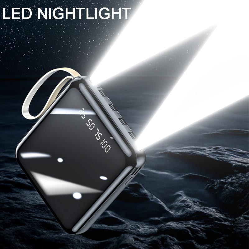 Oppladbar 20000mAh mini powerbank med intern kabel