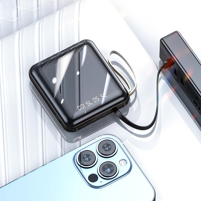 Oppladbar 20000mAh mini powerbank med intern kabel