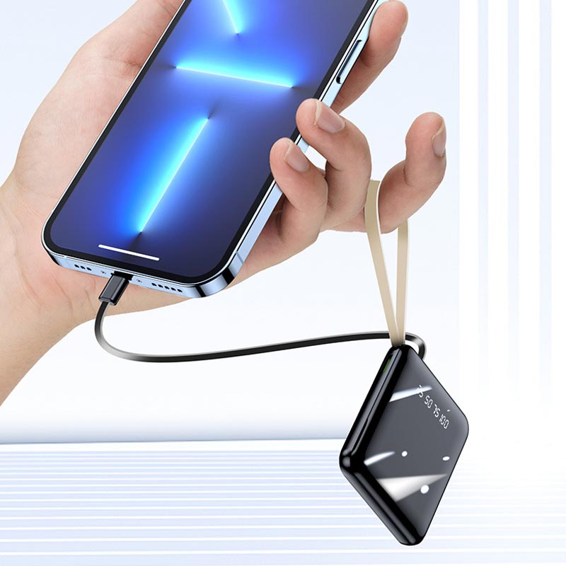 Oppladbar 20000mAh mini powerbank med intern kabel