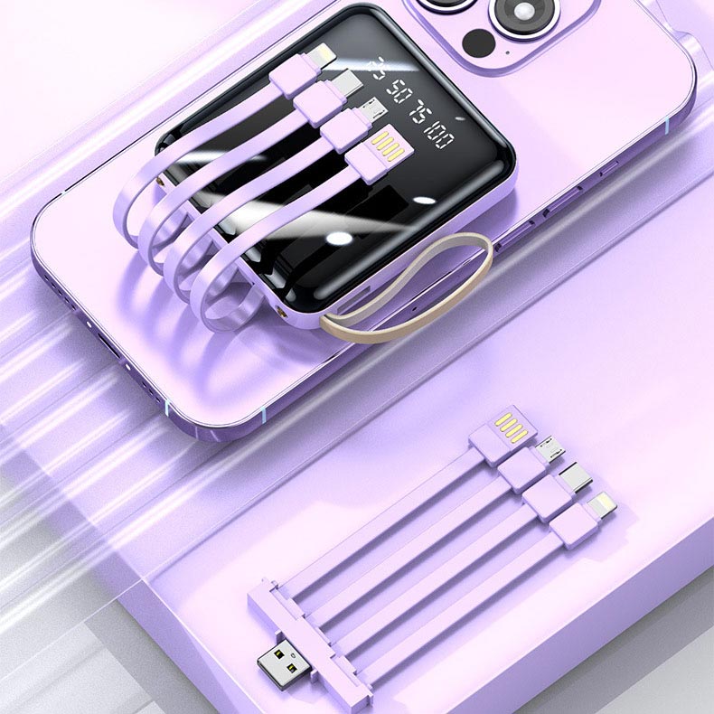 Oppladbar 20000mAh mini powerbank med intern kabel