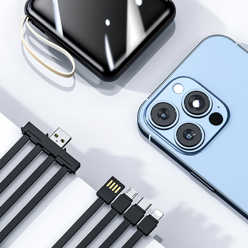 Skanto | Rask lading 20000mAh mini powerbank med integrerte kabler