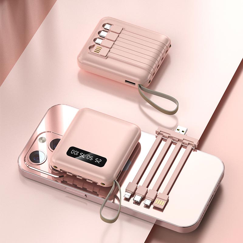 Oppladbar 20000mAh mini powerbank med intern kabel