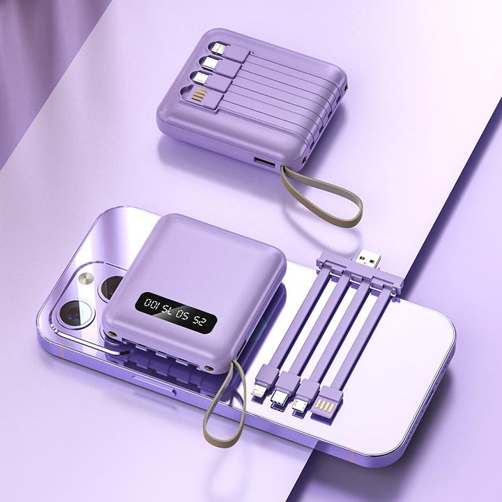 Oppladbar 20000mAh mini powerbank med intern kabel