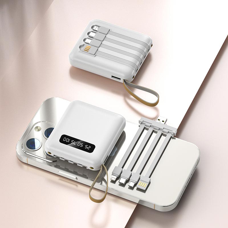 Skanto | Rask lading 20000mAh mini powerbank med integrerte kabler