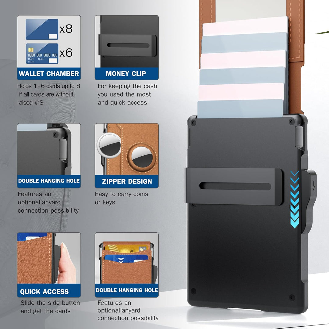 Skanto | 🔥Pop Up aluminiumsveske Pengeklips Slim Leather Slots Kredittkortholdere RFID Blocking Bifold Minimalist Wallet