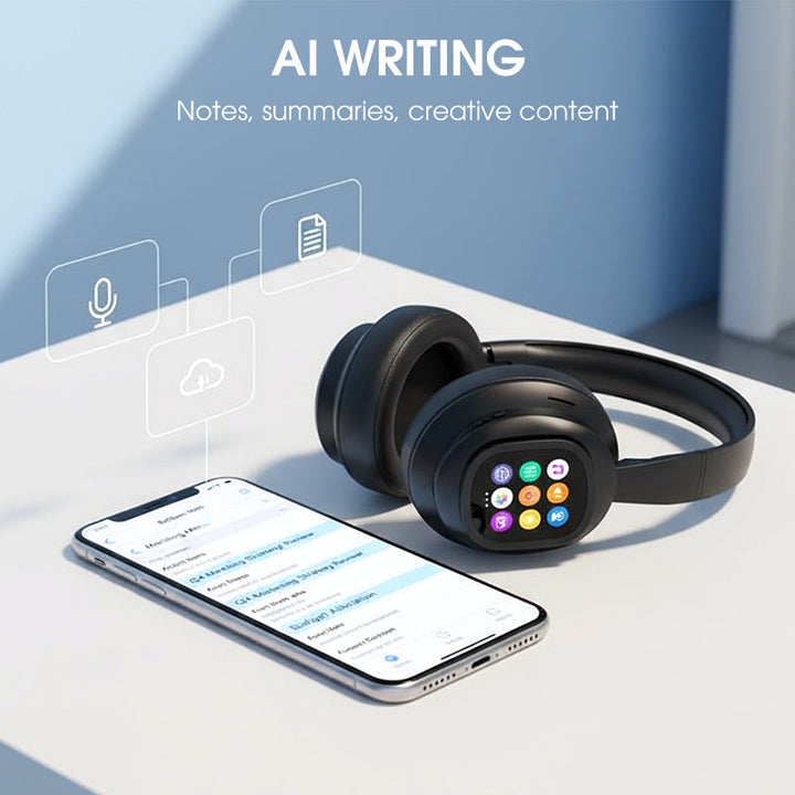 Skanto | AIWave | AI Bluetooth Hodetelefoner med LCD-skjerm Stemmestyring Lydisolasjon for Musikk og Samtaler