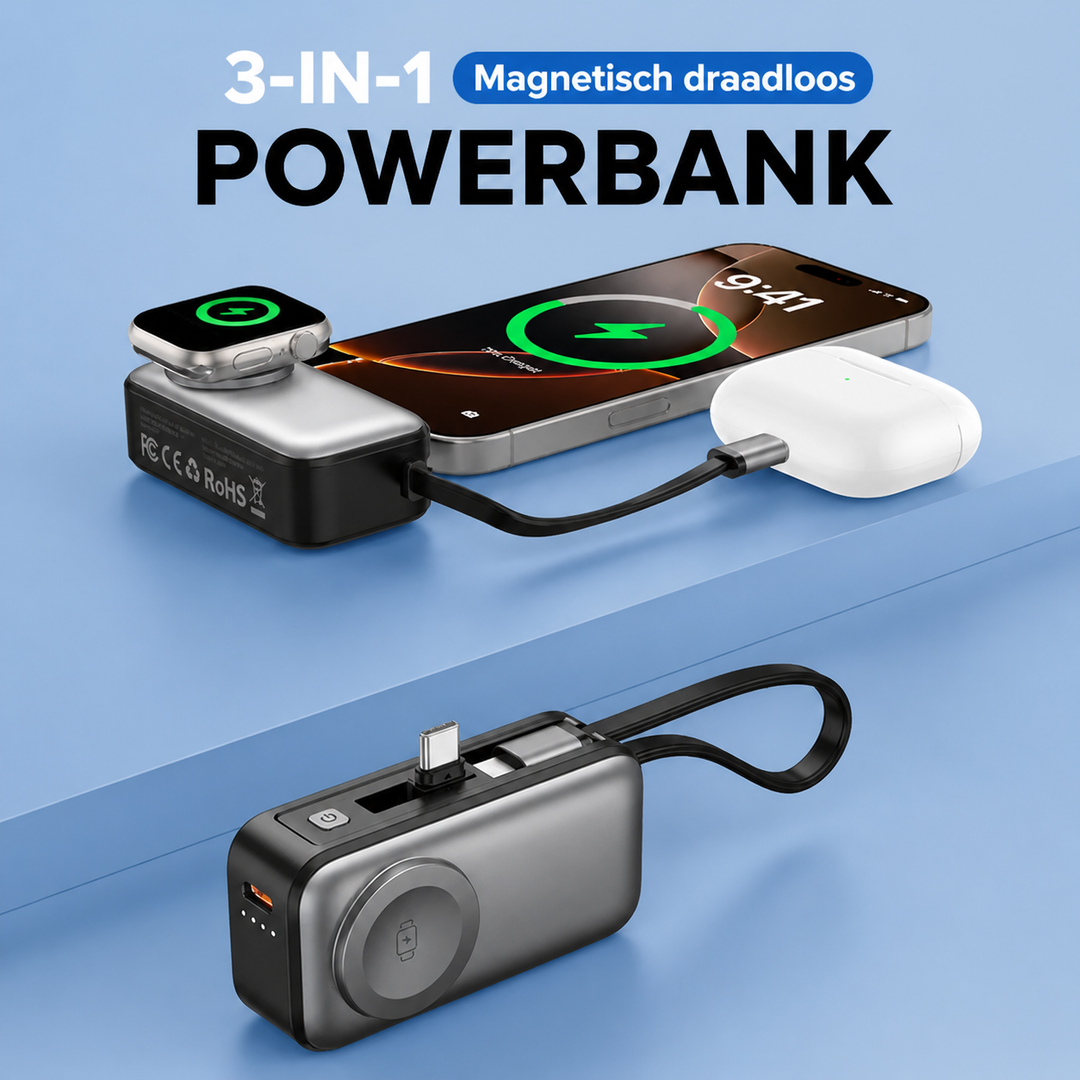 Magnetisk 3-i-1 Powerbank med trådløs lading | Skanto