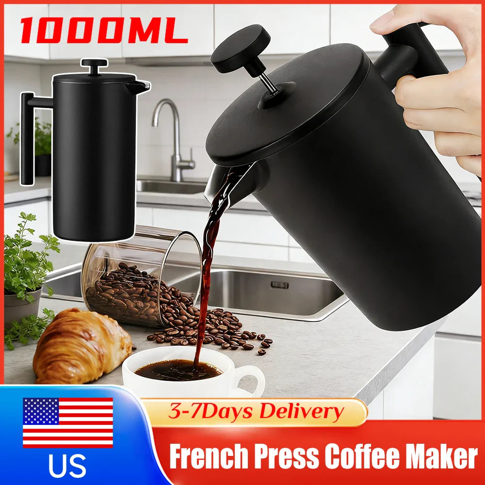 Rustfritt Stål Fransk Press Dobbel Vegg Isolert Kaffe Te Maker | Skanto