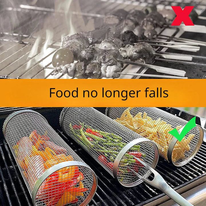 Rustfritt stål grillkurv bærbar grillbur rullende grillkurv | Skanto