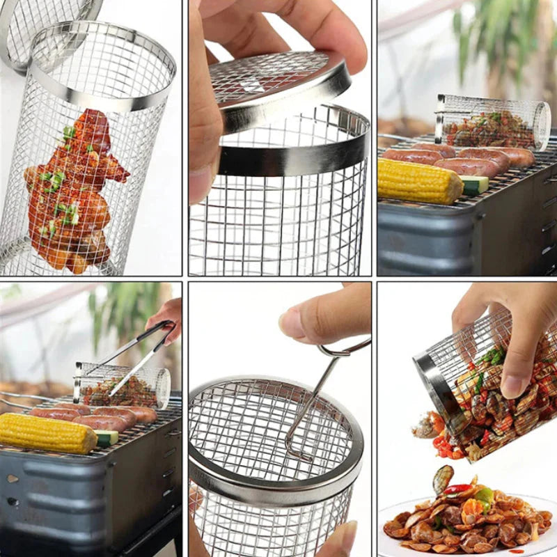 Rustfritt stål grillkurv bærbar grillbur rullende grillkurv | Skanto
