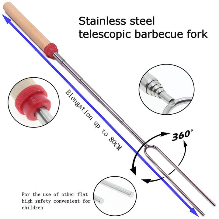 Rustfritt stål Trehåndtak Justerbar BBQ Gaffel Spyd | Skanto