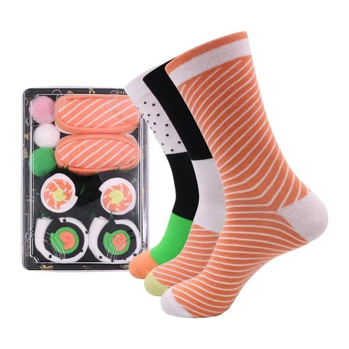 Skanto | Sushi Mid-Calf Sokker Gave Sett – 3-Par Harajuku Kattun Sokker med Lekne Pizza, Burger & Sushi Mønstre, Perfekt for Jul eller Bursdagsoverraskelser