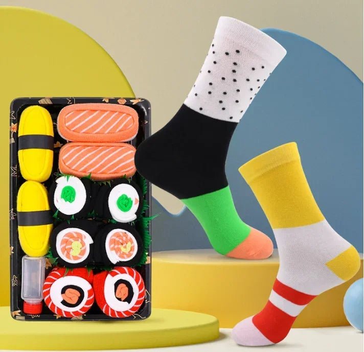 Skanto | Sushi Mid-Calf Sokker Gave Sett – 3-Par Harajuku Kattun Sokker med Lekne Pizza, Burger & Sushi Mønstre, Perfekt for Jul eller Bursdagsoverraskelser