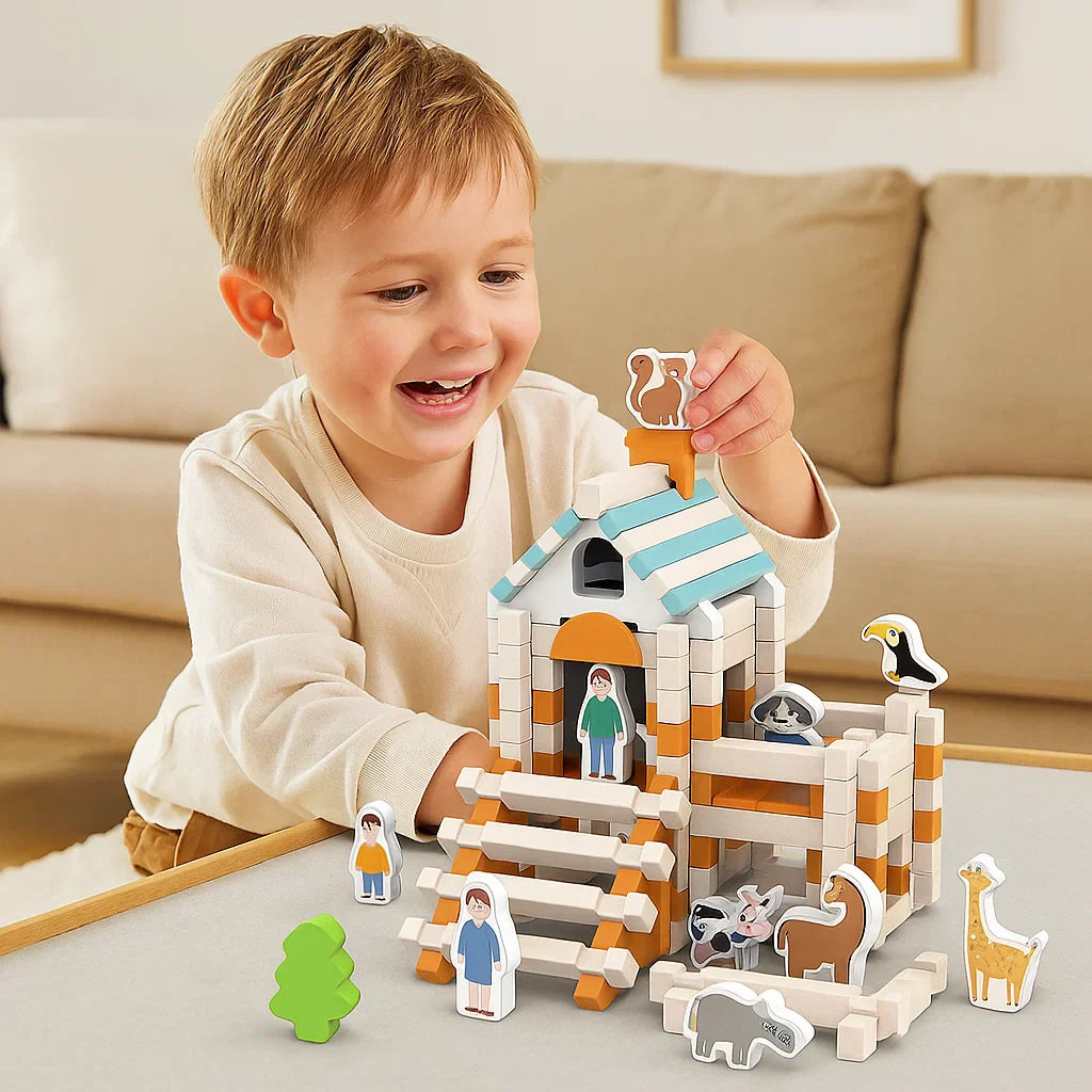 Norvo | Montessori Tre Byggeklosser Sett – Naturlig Stable- og Konstruksjonsleketøy