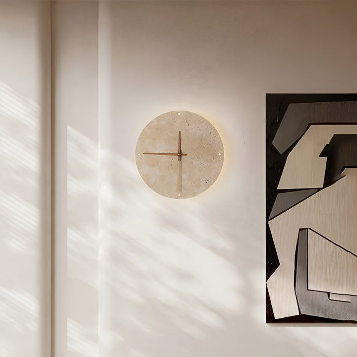 Travertine Veggklokke med LED Lys – Minimalistisk & Dekorativ | Høy- Kvalitets Naturlig Stein Klokke | Skanto