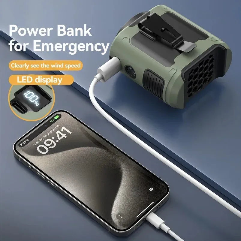 10000mAh Bærbar Utendørs Livmorvifte – Hengende Nakke & Sterk Vind med Power Bank & LED Belysning | Skanto
