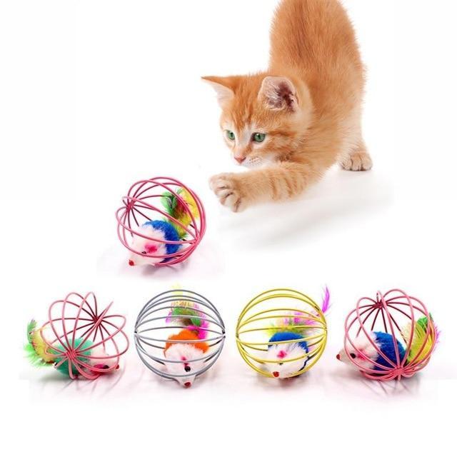 Skanto | Katt Interaktiv Leketøy Stang Fjær Stang Med Liten Klokkemus Bur Leketøy Plast Kunstige Fargerike Katt Teaser Leketøy Kjæledyr Utstyr
