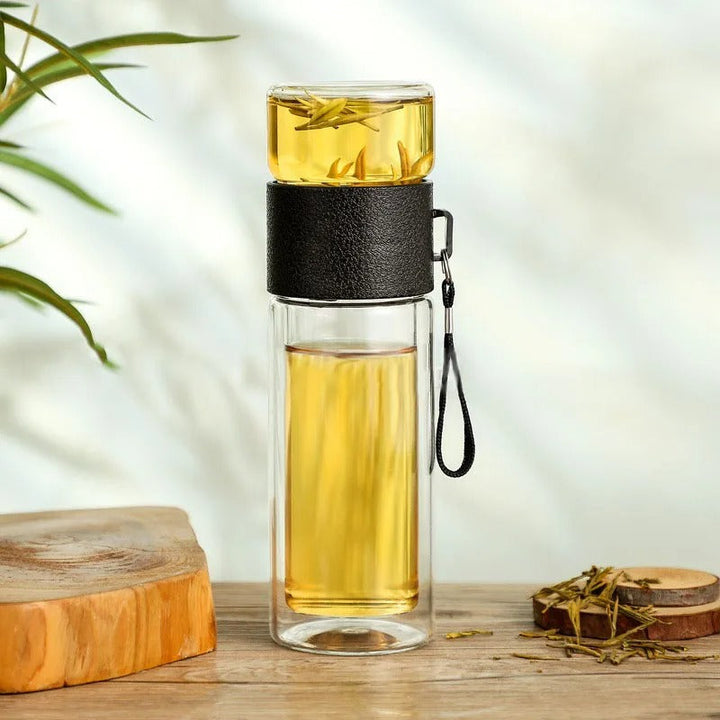 Skanto | WoodGlass Thermo – Transparent Bærbar Isolert Flaske med Tefilter for Sunne Drikker På Farten