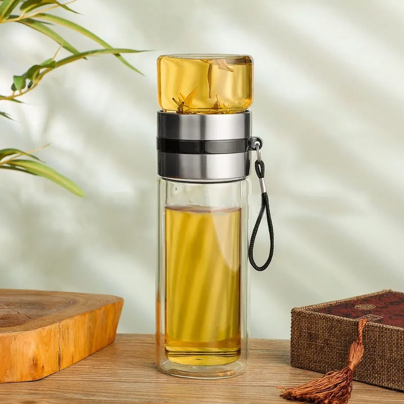 Skanto | WoodGlass Thermo – Transparent Bærbar Isolert Flaske med Tefilter for Sunne Drikker På Farten