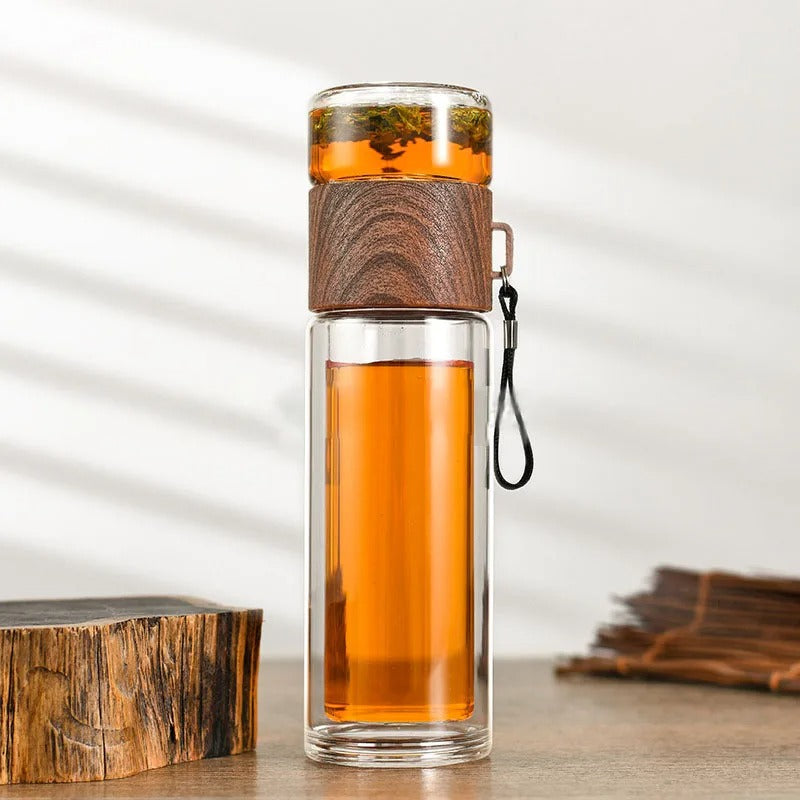 Skanto | WoodGlass Thermo – Transparent Bærbar Isolert Flaske med Tefilter for Sunne Drikker På Farten