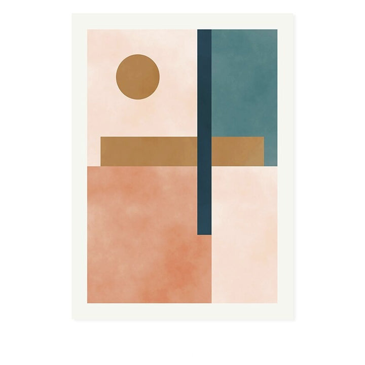 Moderne abstrakt kunstmaleri i beige, rosa og blått med geometrisk form