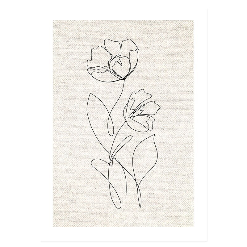 Abstrakt Hånd Skisse Linje Floral Boho Beige - Lerret Veggkunst Trykk | Skanto