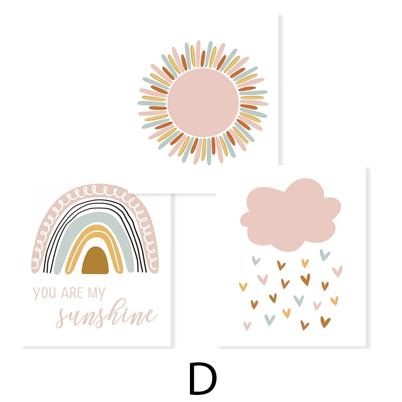 Boho Pink Rainbow Clouds Sunshine Nursery - Lerret Veggkunst Trykk | Skanto