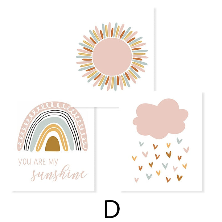 Boho Pink Rainbow Clouds Sunshine Nursery - Lerret Veggkunst Trykk | Skanto
