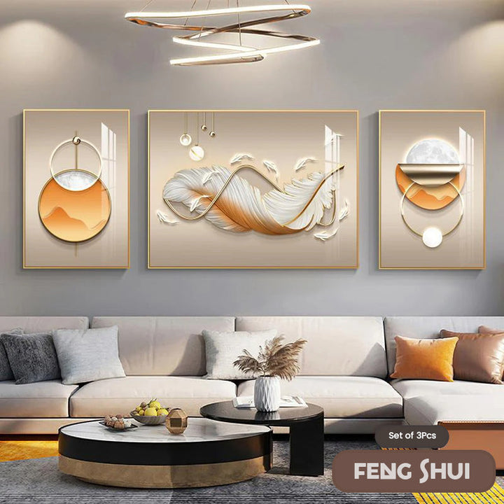 Skanto Set of 3 Modern Aesthetic Triptych Light Luxury Feather Abstract Wall Art Fine Art Canvas Prints Feng Shui Pictures for Modern Living Room | Skanto