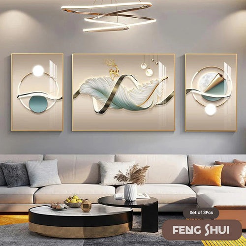 Skanto Set of 3 Modern Aesthetic Triptych Light Luxury Feather Abstract Wall Art Fine Art Canvas Prints Feng Shui Pictures for Modern Living Room | Skanto