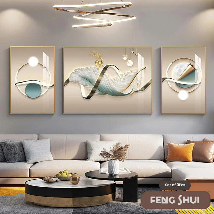 Skanto Set of 3 Modern Aesthetic Triptych Light Luxury Feather Abstract Wall Art Fine Art Canvas Prints Feng Shui Pictures for Modern Living Room | Skanto