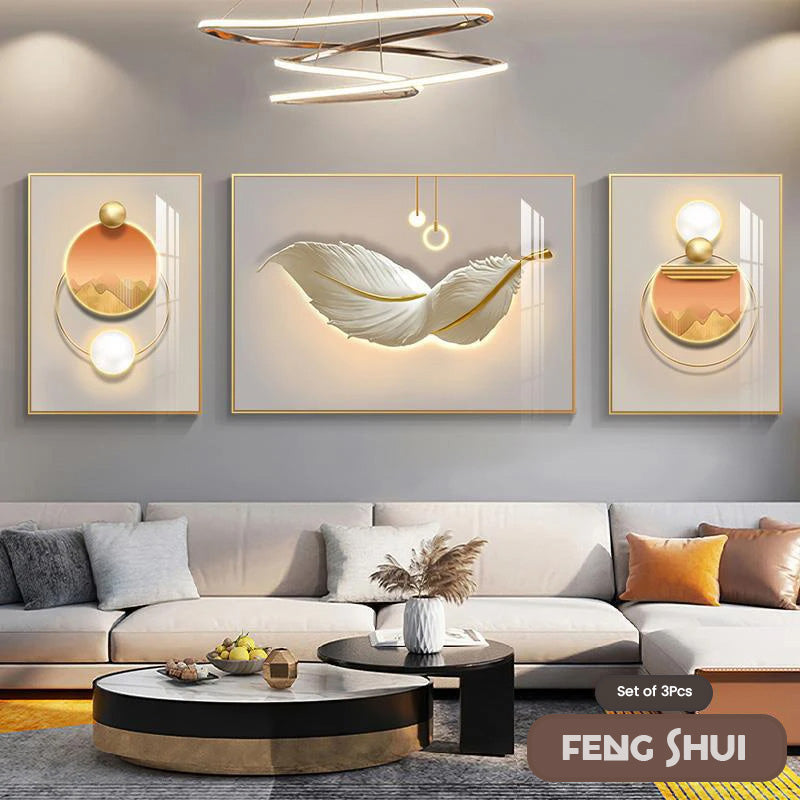 Skanto Set of 3 Modern Aesthetic Triptych Light Luxury Feather Abstract Wall Art Fine Art Canvas Prints Feng Shui Pictures for Modern Living Room | Skanto