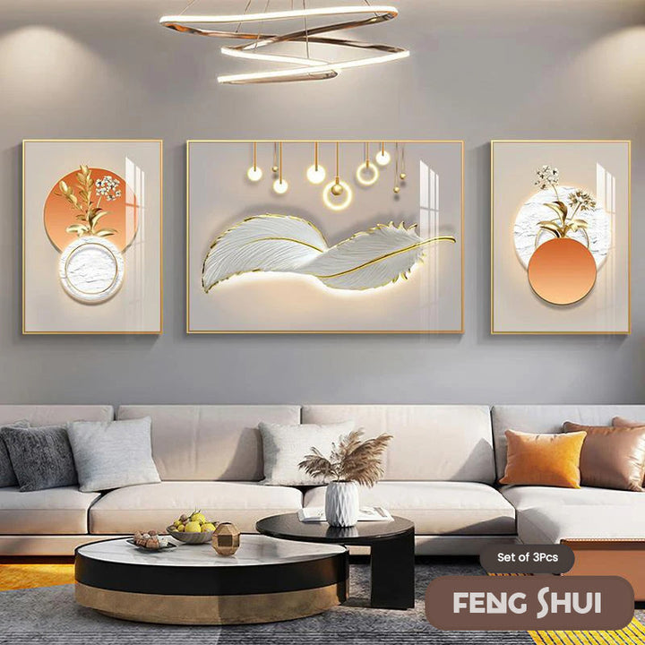 Skanto Set of 3 Modern Aesthetic Triptych Light Luxury Feather Abstract Wall Art Fine Art Canvas Prints Feng Shui Pictures for Modern Living Room | Skanto