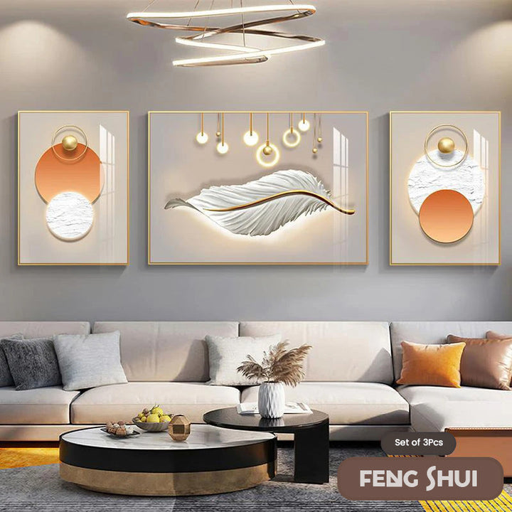 Skanto Set of 3 Modern Aesthetic Triptych Light Luxury Feather Abstract Wall Art Fine Art Canvas Prints Feng Shui Pictures for Modern Living Room | Skanto