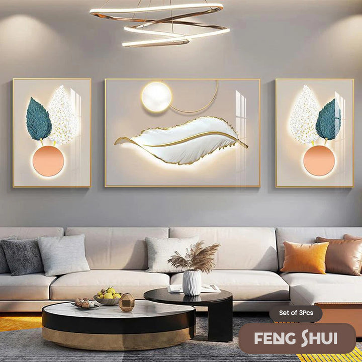 Skanto Set of 3 Modern Aesthetic Triptych Light Luxury Feather Abstract Wall Art Fine Art Canvas Prints Feng Shui Pictures for Modern Living Room | Skanto