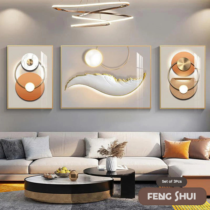 Skanto Set of 3 Modern Aesthetic Triptych Light Luxury Feather Abstract Wall Art Fine Art Canvas Prints Feng Shui Pictures for Modern Living Room | Skanto