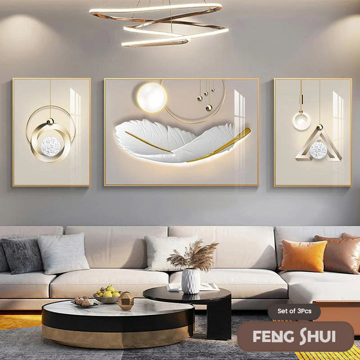 Skanto Set of 3 Modern Aesthetic Triptych Light Luxury Feather Abstract Wall Art Fine Art Canvas Prints Feng Shui Pictures for Modern Living Room | Skanto